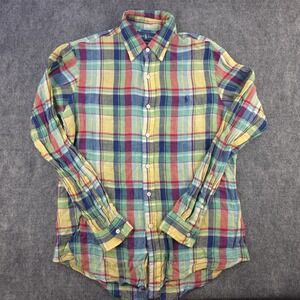 Ralph Lauren Shirt Medium Custom Fit Long Sleeve Multicolor Plaid 100% Linen